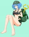  backpack bad_id bad_pixiv_id bag bare_shoulders barefoot between_breasts blue_eyes blue_hair breasts cleavage collarbone covered_nipples crop_top crop_top_overhang denim denim_shorts full_body green_background groin hair_bobbles hair_ornament hat jewelry kawashiro_nitori key key_necklace large_breasts looking_at_viewer midriff moya-shi navel open_mouth short_hair short_shorts shorts simple_background solo tank_top touhou two_side_up underboob 