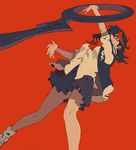  black_hair jacket kill_la_kill kotake_(tuvaru) letterman_jacket limited_palette matoi_ryuuko red_background scissor_blade short_hair skirt solo weapon 