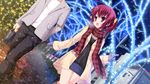  :d ahoge casual chaamii dutch_angle gloves long_hair noble_works open_mouth pointing red_eyes red_hair sanjou_makoto scarf side_ponytail smile 