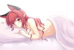  alternate_hairstyle animal_ears blush cat_ears extra_ears hair_down isaki_(gomi) kaenbyou_rin long_hair looking_at_viewer navel nude pillow pointy_ears red_eyes red_hair revision smile solo touhou under_covers 