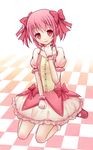  :d bow choker gloves hair_bow hair_ribbon highres kaname_madoka looking_at_viewer magical_girl mahou_shoujo_madoka_magica open_mouth parafox pink_eyes pink_hair ribbon seiza sitting smile solo twintails white_gloves 