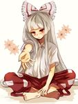  bow fujiwara_no_mokou hair_bow hair_ribbon indian_style long_hair outstretched_arm red_eyes ribbon silver_hair sitting solo touhou ukita_uuko very_long_hair 