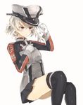  adjusting_clothes adjusting_hat blue_eyes blush chibirisu cosplay gloves hat kantai_collection microskirt military military_uniform nowaki_(kantai_collection) ozawa_ari prinz_eugen_(kantai_collection) prinz_eugen_(kantai_collection)_(cosplay) seiyuu_connection silver_hair skirt solo sweatdrop thighhighs twitter_username uniform 