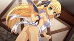  1girl apron aqua_eyes arm_garter ass beer_mug blonde_hair blush breasts demon_master_chris dutch_angle female game_cg hair_ribbon long_hair looking_at_viewer naked_apron open_mouth pussy ribbon saiga_kurisu solo standing tray uncensored vioka 