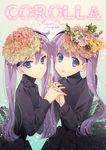  blue_eyes dress flower hair_flower hair_ornament hairband holding_hands interlocked_fingers long_hair long_sleeves multiple_girls original purple_hair siblings sisters takigawa_yuu turtleneck twins twintails 