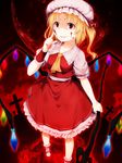  ascot bad_id bad_pixiv_id blonde_hair blood blood_on_face bobby_socks cross dress eventh7 flandre_scarlet hat highres holding laevatein looking_at_viewer mary_janes moon red_eyes shoes side_ponytail smile smirk socks solo touhou wings 