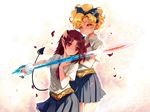  blonde_hair bow brown_hair demon_tail hair_bow juni_(sometimes) looking_at_viewer multiple_girls nashi_juni pleated_skirt pointy_ears red_eyes short_hair skirt sometimes_she's_the_light sword tail weapon yellow_eyes 