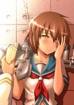  1girl admiral_(kantai_collection) blush brown_hair burn_scar commentary_request furutaka_(kantai_collection) hand_on_own_face highres kanno_takanori kantai_collection scar school_uniform serafuku short_hair tears yellow_eyes 
