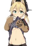  animal_ears blonde_hair breasts cat_ears cat_paws green_eyes hair_ornament hat highres kantai_collection kemonomimi_mode looking_at_viewer medium_breasts military military_hat military_uniform mouth_hold navel numahata_tofu. paws peaked_cap prinz_eugen_(kantai_collection) shirt_lift solo twintails underboob uniform 