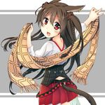  animal_ears braid brown_hair cat_ears cat_tail ear_piercing earrings jewelry long_hair looking_at_viewer looking_back open_mouth original oruto_(ort+) piercing pleated_skirt red_eyes scarf shirt skirt smile solo tail twin_braids two_side_up very_long_hair vest 
