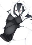  bad_id bad_pixiv_id battleship_hime black_dress black_hair breasts dress eightman horns kantai_collection large_breasts long_hair lying nipple_slip nipples no_panties on_back oni_horns pale_skin red_eyes shinkaisei-kan short_dress solo spread_legs thighs white_skin 