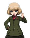  blonde_hair blue_eyes fang girls_und_panzer hand_on_hip jacket katyusha long_sleeves looking_at_viewer miniskirt open_mouth pleated_skirt pravda_school_uniform school_uniform shinmai_(kyata) short_hair skirt smile solo standing transparent_background turtleneck 