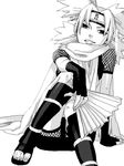  1girl fingerless_gloves gloves hoshino_lily looking_at_viewer monochrome mushiba naruto naruto_shippuuden quad_tails sitting smile solo temari 