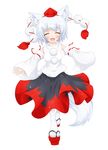  ^_^ animal_ears bad_deviantart_id bad_id bare_shoulders blush breasts closed_eyes detached_sleeves fang happy hat highres inubashiri_momiji kamil_dabrowski medium_breasts open_mouth pom_pom_(clothes) shirt short_hair silver_hair simple_background skirt solo tail tokin_hat touhou white_background white_shirt wolf_ears wolf_tail 