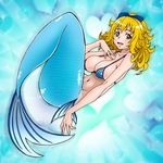  bikini_top blonde_hair blue_background blue_bikini_top bow breasts brown_eyes eunos full_body hair_bow heart heart_background higashiyama_seika large_breasts mermaid monster_girl monsterification precure short_hair smile solo suite_precure 