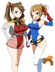  ;o belt blue_eyes blue_leotard boots breasts brown_eyes brown_hair catharine_blitzen catharine_blitzen_(cosplay) cosplay covered_navel detached_sleeves elbow_gloves gloves gundam gundam_build_fighters gundam_build_fighters_try gundam_card_builder hair_ornament hand_on_hip highleg highleg_leotard highres holding_hands hoshino_fumina ichi-jirushi interlocked_fingers large_breasts leg_up leotard long_hair looking_at_viewer multiple_girls one_eye_closed ponytail red_gloves red_leotard reiko_holinger reiko_holinger_(cosplay) sazaki_kaoruko scrunchie see-through simple_background smile standing standing_on_one_leg thighhighs twintails white_background white_gloves white_legwear 