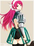  1girl armor artist_request ass black_legwear breasts fire_emblem fire_emblem:_kakusei from_behind hairband leotard long_hair looking_at_viewer looking_back nira_(vira) polearm red_eyes red_hair serge_(fire_emblem) smile solo weapon 