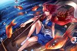  &gt;:) boat breasts cape cleavage fish hair_bobbles hair_ornament highres holding looking_at_viewer medium_breasts onozuka_komachi pipe red_eyes red_hair scythe sitting smile solo touhou two_side_up uu_uu_zan v-shaped_eyebrows watercraft wind 
