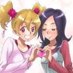  blonde_hair eunos fresh_precure! grin heart heart_hands heart_hands_duo higashi_setsuna jitome momozono_love multiple_girls pink_eyes precure purple_eyes shirt short_hair smile twintails white_background 