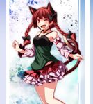  ;d alternate_costume animal_ears bad_id bad_pixiv_id bare_legs bell bell_choker blush bow braid breasts camisole casual cat_ears cat_tail choker contemporary detached_sleeves extra_ears fang hair_bow highres kaenbyou_rin layered_skirt long_hair looking_at_viewer medium_breasts multiple_tails nekomata one_eye_closed open_mouth red_eyes red_hair s-syogo skirt slit_pupils smile tail touhou tsurime twin_braids 