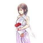  bouquet breasts brown_eyes brown_hair cape collaboration colorized dress flower inaba_himeko kokoro_connect medium_breasts monorus see-through short_hair sleeveless sleeveless_dress smile solo watermelon_(artist) white_background 