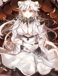  breasts cleavage covered_mouth dress highres horns kantai_collection large_breasts long_hair midway_hime pale_skin shinkaisei-kan takitou very_long_hair white_dress white_hair white_skin yellow_eyes 