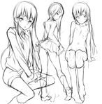  bad_id bad_pixiv_id blush coin_rand crossdressing from_behind greyscale long_hair looking_at_viewer looking_back male_focus monochrome navel necktie nipples nude open_mouth original pleated_skirt school_uniform sitting sketch skirt socks solo white_background 