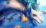  2016 black_nose digital_media_(artwork) dragon feral fin fish fur furred_dragon green_hair group hair marine open_mouth ravoilie scales teeth underwater water white_fur 