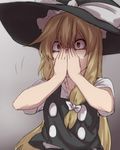  blonde_hair braid commentary_request constricted_pupils covering_face hair_ribbon hat highres kirisame_marisa long_hair looking_away puffy_short_sleeves puffy_sleeves ribbon shaded_face shirt short_sleeves side_braid solo tears terimayo touhou tress_ribbon white_shirt witch_hat yellow_eyes 