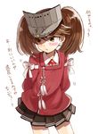  arms_behind_back blush brown_eyes brown_hair brown_skirt cowboy_shot japanese_clothes kantai_collection kariginu looking_away magatama pleated_skirt riho ryuujou_(kantai_collection) simple_background skirt solo translation_request twintails visor_cap white_background 