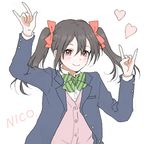  \m/ black_hair blazer blush bow character_name double_\m/ hair_bow hishi_(k-xaby) jacket long_hair looking_at_viewer love_live! love_live!_school_idol_project nico_nico_nii otonokizaka_school_uniform red_eyes school_uniform smile solo sweater_vest twintails yazawa_nico 