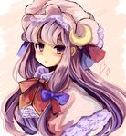  bow crescent hair_bow hat heart long_hair patchouli_knowledge purple_eyes purple_hair ribbon solo touhou ukita_uuko 