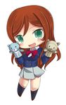  :d brown_hair chibi erusen_(des-arms) green_eyes gundam gundam_build_fighters gundam_build_fighters_try hand_puppet kamiki_mirai long_hair looking_at_viewer open_mouth pleated_skirt puppet school_uniform simple_background skirt smile solo white_background 