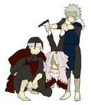  340704_(artist) 3boys :d armor black_hair eyes_closed grey_hair jiraiya kneeling male male_focus multiple_boys naruto open_mouth senju_hashirama senju_tobirama smile standing white_hair 