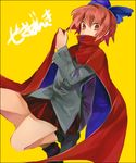  bad_id bad_twitter_id bow cape character_name hair_bow long_sleeves ponpoko red_eyes red_hair sekibanki short_hair skirt solo touhou yellow_background 
