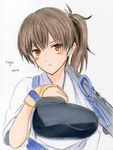  breasts brown_eyes brown_hair character_name flight_deck gloves hand_on_own_chest highres japanese_clothes kaga_(kantai_collection) kantai_collection looking_at_viewer medium_breasts muneate partly_fingerless_gloves potekite short_sleeves side_ponytail simple_background sketch solo tasuki upper_body white_background yugake 