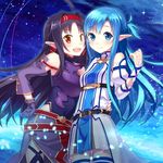  asuna_(sao) asuna_(sao-alo) black_hair blue_eyes blue_hair buntan gloves hairband long_hair multiple_girls pointy_ears red_eyes sword_art_online thighhighs yuuki_(sao) 