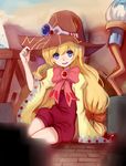  beryl_benito blonde_hair blue_eyes bow brooch gem hat highres jewelry long_hair paintbrush pink_bow ribbon ryuuno6 shorts sitting solo tales_of_(series) tales_of_hearts witch_hat 