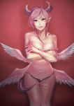  black_panties breasts covering covering_breasts demon_girl horns iroai_midodo large_breasts low_wings open_mouth original panties pink_eyes pink_hair pointy_ears short_hair solo tail tears underwear wavy_mouth wings 