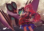  :d aikatsu! aikatsu!_(series) black_gloves bow brown_eyes collar crossover electric_guitar fingerless_gloves gen_6_pokemon gloves guitar hair_bow instrument jewelry long_hair necklace noivern noske open_mouth otoshiro_seira pokemon pokemon_(creature) ponytail red_hair shirt skirt smile very_long_hair vest 