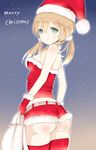  ass belt blonde_hair blush body_blush detached_collar gloves gradient gradient_background green_eyes hat highres holding kantai_collection long_hair looking_at_viewer merry_christmas outline prinz_eugen_(kantai_collection) red_gloves red_legwear sack santa_costume santa_hat short_shorts shorts skindentation smile snow solo thighhighs tounyu_melon twintails 