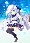  black_legwear blue_eyes blue_hair hat hibiki_(kantai_collection) highres kantai_collection long_hair looking_at_viewer machinery parted_lips pleated_skirt reaching school_uniform serafuku shirogane_hina shoes skirt solo thighhighs tree verniy_(kantai_collection) 