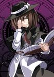  book bow brown_eyes brown_hair capelet clock hat hat_bow janne_cherry jpeg_artifacts long_sleeves magical_astronomy necktie one_eye_closed open_book shirt touhou usami_renko white_bow 