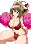  amagi_brilliant_park antenna_hair bikini blush bow breasts brown_eyes brown_hair covered_nipples frown hair_between_eyes hair_bow large_breasts long_hair o-ring o-ring_bikini pom_poms ponytail red_bikini sento_isuzu simple_background solo swimsuit tasuro_kuzuha white_background 