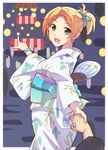  :d blonde_hair bracelet e20 fan floral_print green_eyes hair_ornament holding_hands japanese_clothes jewelry kantai_collection kimono looking_at_viewer maikaze_(kantai_collection) obi open_mouth out_of_frame paper_fan pointing ponytail pov pov_hands sash short_ponytail smile uchiwa 