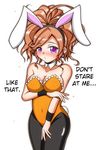  1girl ageha_(sister_quest) animal_ears bare_shoulders blush breast_hold breasts bunny1219 bunny_ears bunny_girl bunny_tail bunnysuit earrings female hair_ornament hard_translated highres jewelry large_breasts orange_hair pantyhose purple_eyes simple_background sister_quest solo standing tail translated white_background 