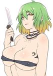  bandeau bare_shoulders blonde_hair breasts collarbone covered_nipples gradient_hair green_hair hikage_(senran_kagura) katagiri_(a1466502) knife large_breasts looking_at_viewer multicolored_hair senran_kagura senran_kagura_shoujo-tachi_no_shin'ei simple_background solo tattoo upper_body white_background yellow_eyes 