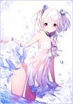  artist_name bad_id bad_pixiv_id blush bubble choker dress feathers hair_ribbon looking_at_viewer original pink_eyes ribbon short_hair smile solo strapless strapless_dress sukja two_side_up wading water white_background 