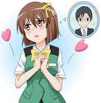  1girl blush bob_cut brown_hair cosplay glasses hagiwara_yukiho hands_together heart highres idolmaster idolmaster_(classic) open_mouth otonashi_kotori otonashi_kotori_(cosplay) producer_(idolmaster_anime) short_hair takumi_(rozen_garten) 