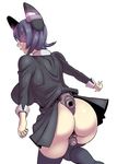  ass black_legwear breasts eyepatch from_behind headgear kantai_collection large_breasts mecha_musume purple_hair sexually_suggestive short_hair solo tenryuu_(kantai_collection) thighhighs ueno_petarou upskirt white_background 